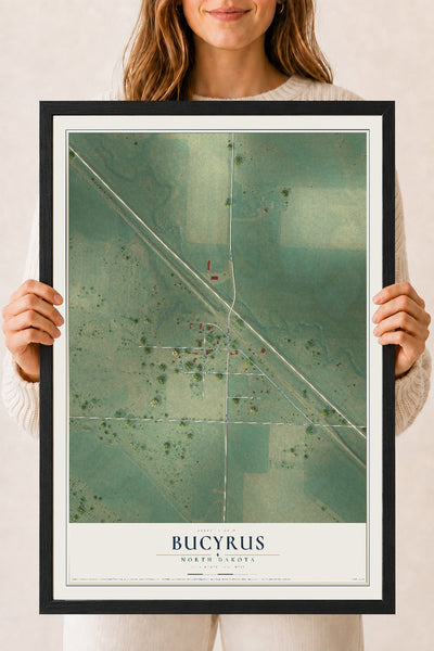 Map of Bucyrus, North Dakota, 18 x 24 inch print in a black wood frame