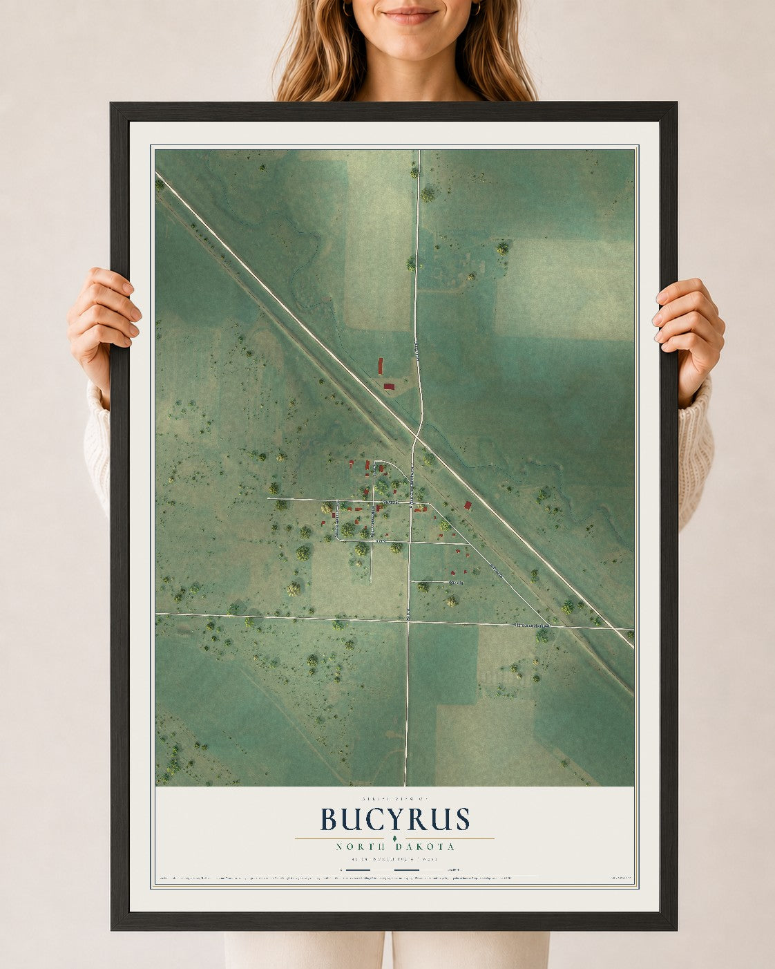 Map of Bucyrus, North Dakota, 24 x 36 inch print in a black wood frame