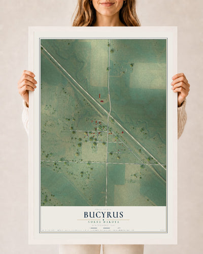 Map of Bucyrus, North Dakota, 24 x 36 inch print in a white wood frame