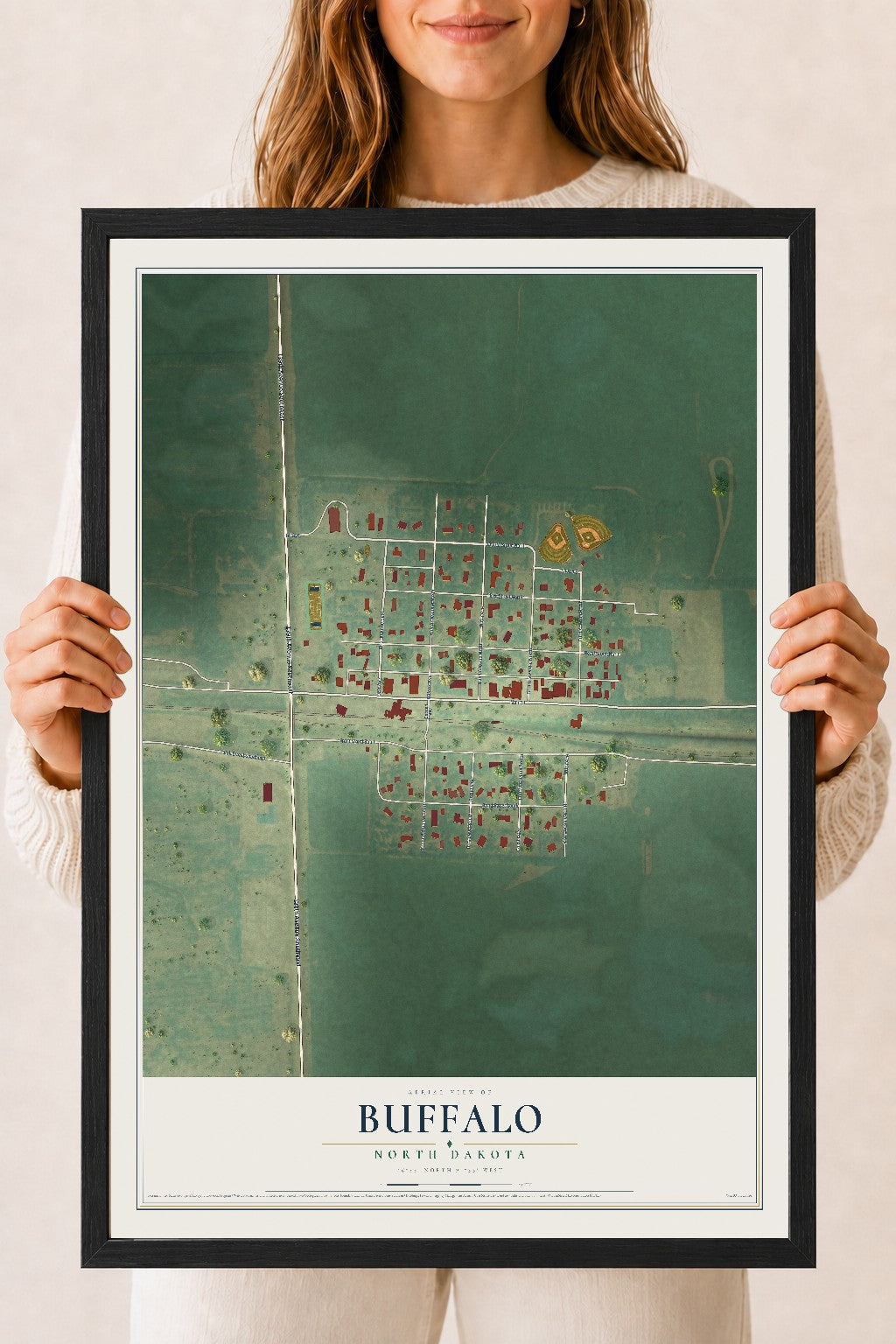 Map of Buffalo, North Dakota, 18 x 24 inch print in a black wood frame
