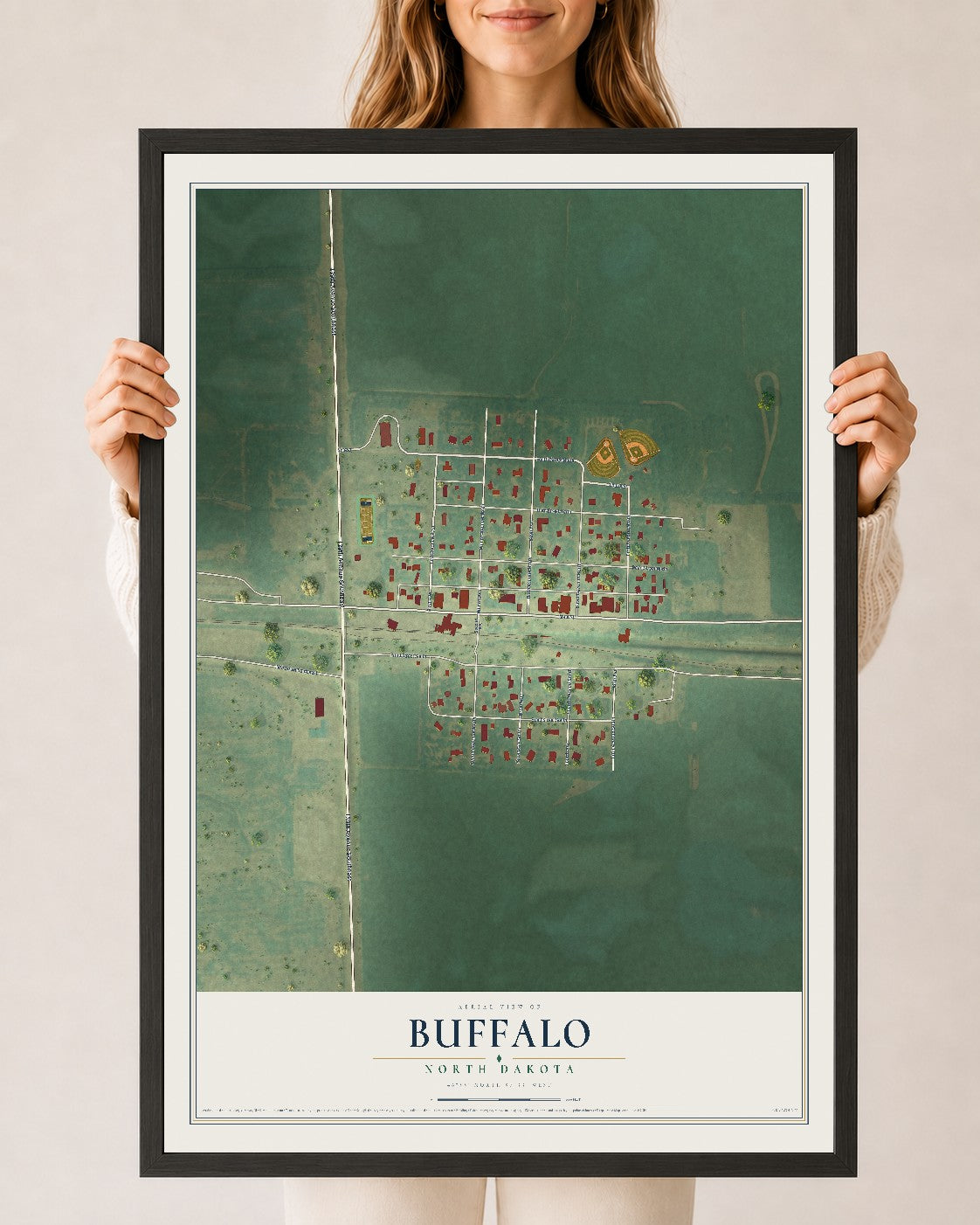 Map of Buffalo, North Dakota, 24 x 36 inch print in a black wood frame