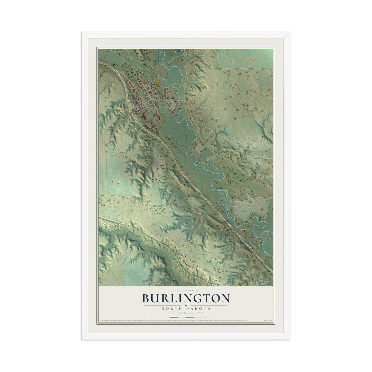 Map of Burlington, North Dakota, 12 x 18 inch print in a white wood frame