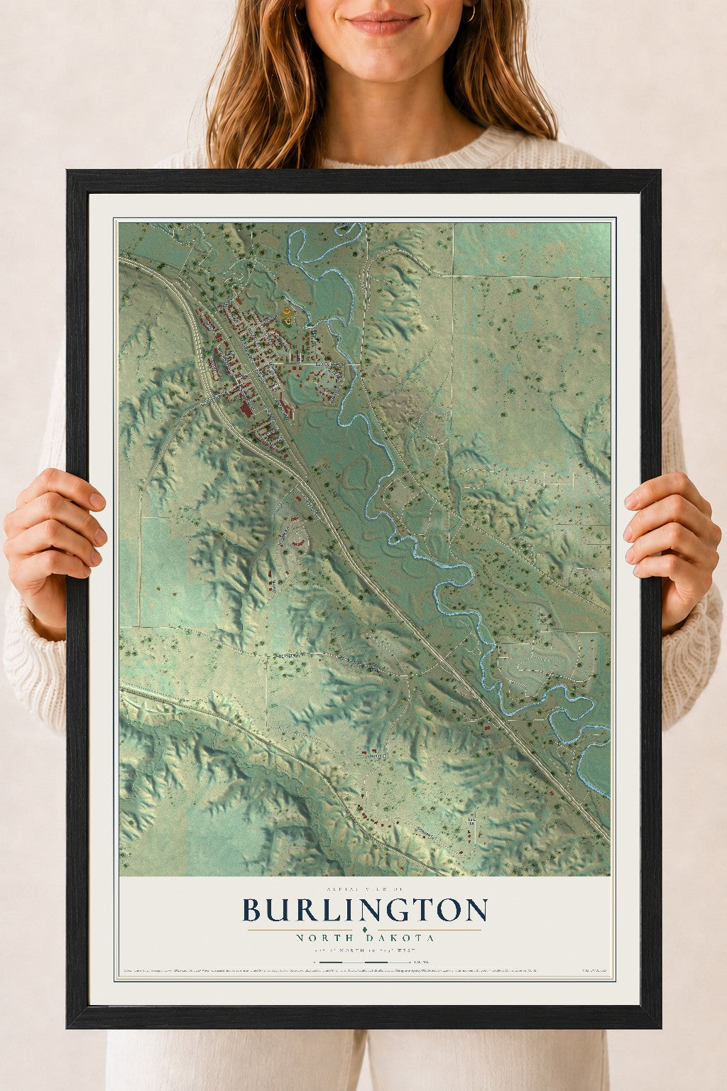 Map of Burlington, North Dakota, 18 x 24 inch print in a black wood frame