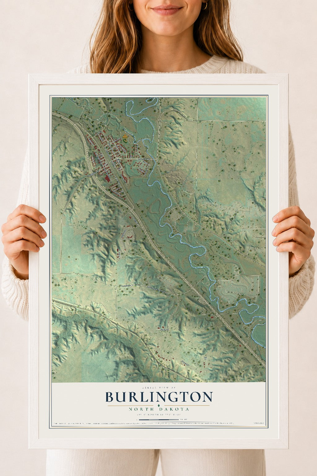 Map of Burlington, North Dakota, 18 x 24 inch print in a white wood frame