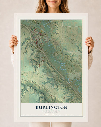Map of Burlington, North Dakota, 24 x 36 inch print in a white wood frame