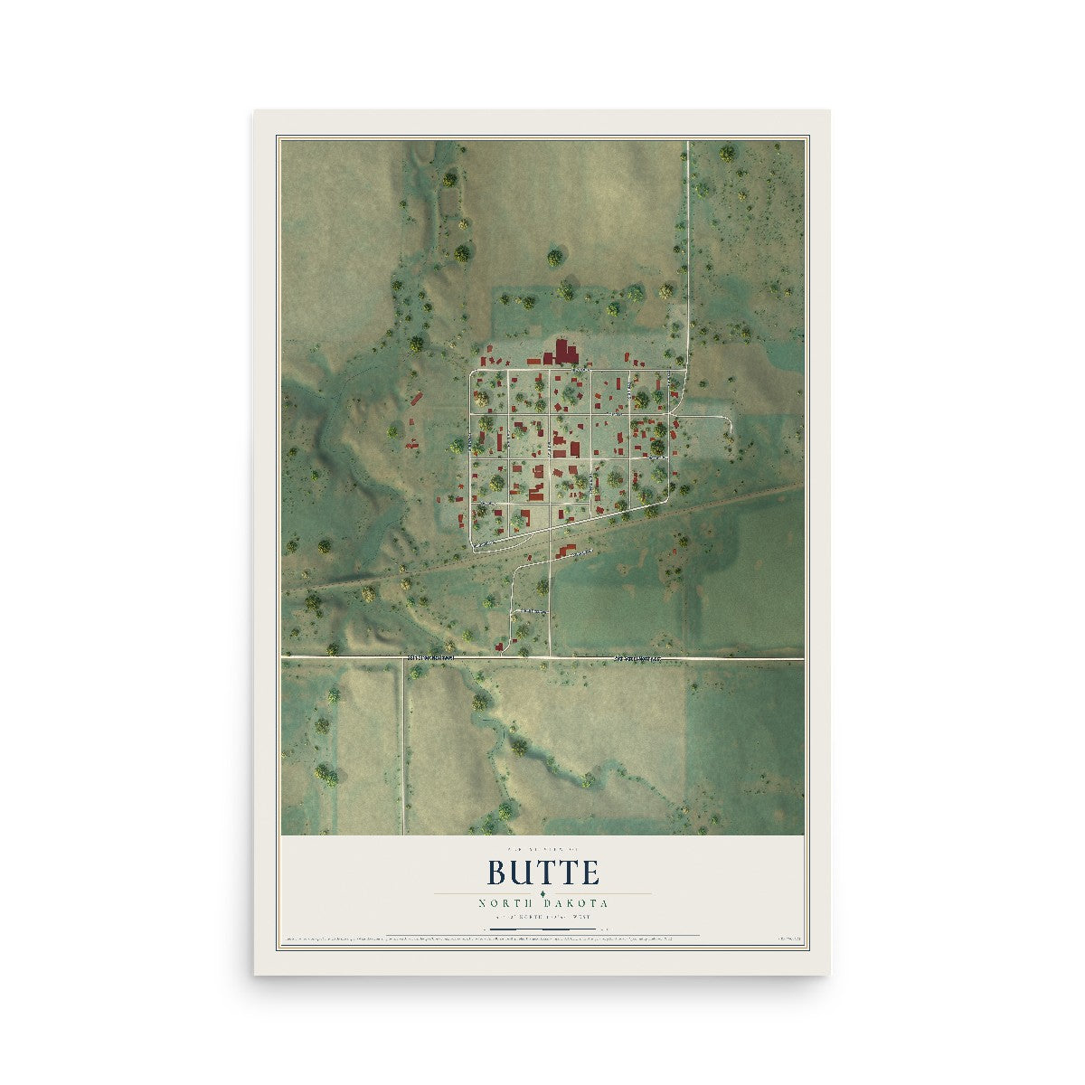Map of Butte, North Dakota, 12 x 18 inch unframed archival matte print