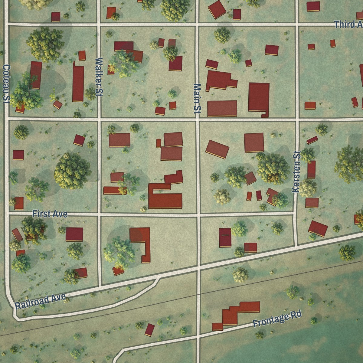 Close-up of the map of Butte, North Dakota print showing street and building detail