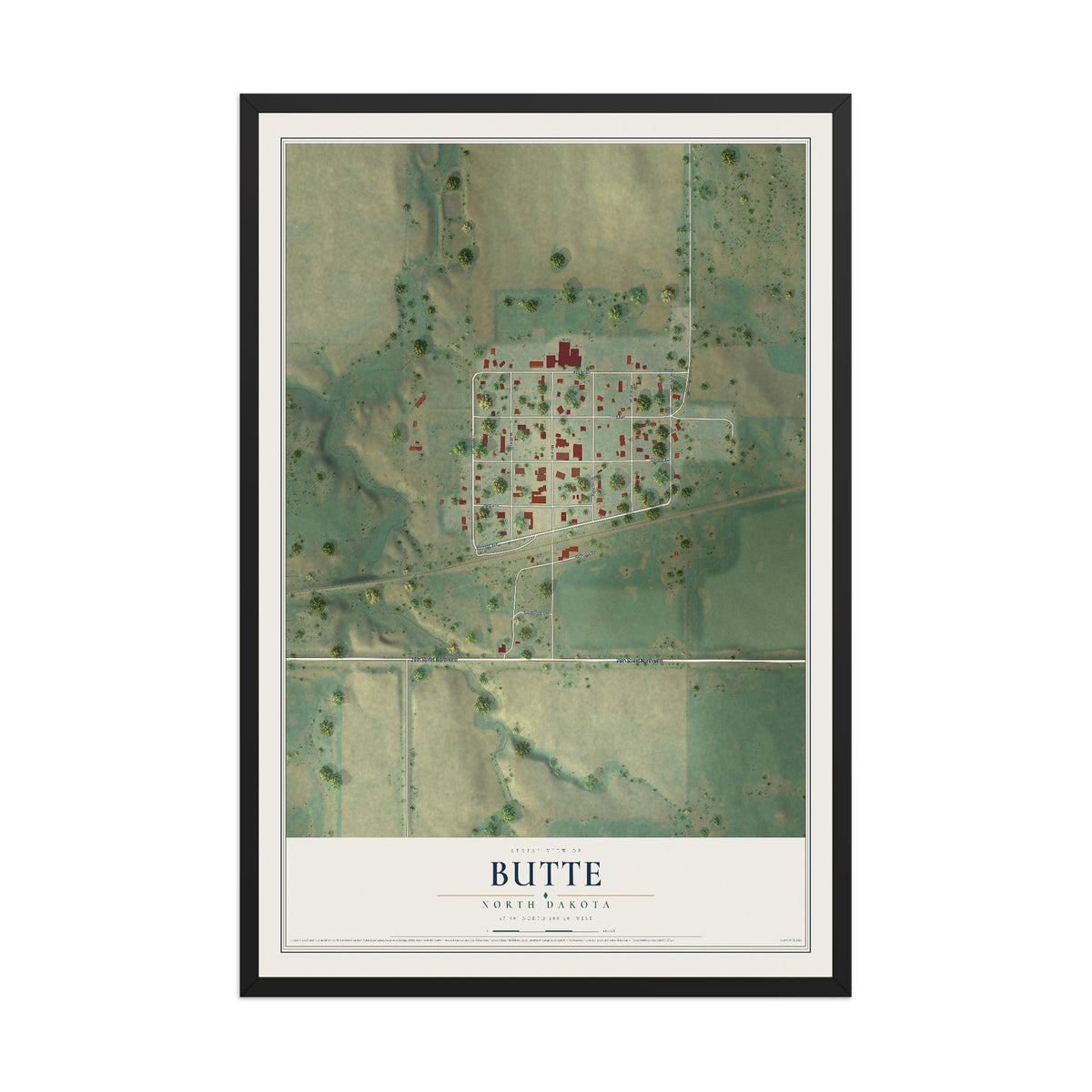 Map of Butte, North Dakota, 12 x 18 inch print in a black wood frame
