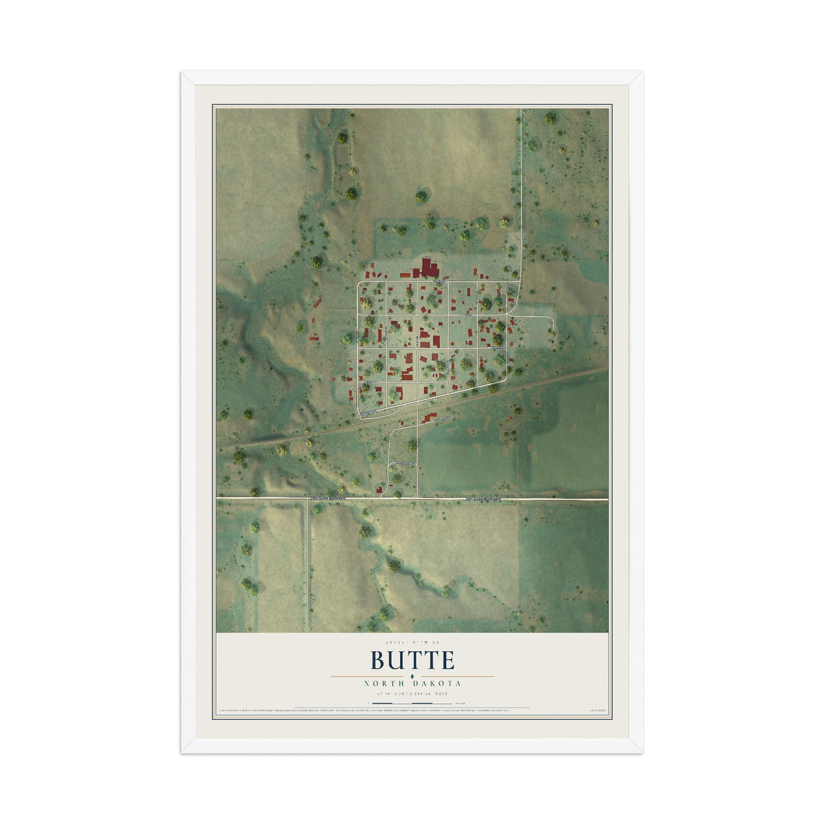 Map of Butte, North Dakota, 12 x 18 inch print in a white wood frame
