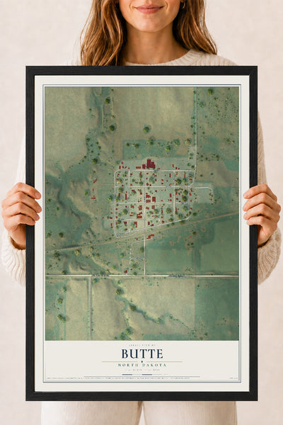 Map of Butte, North Dakota, 18 x 24 inch print in a black wood frame