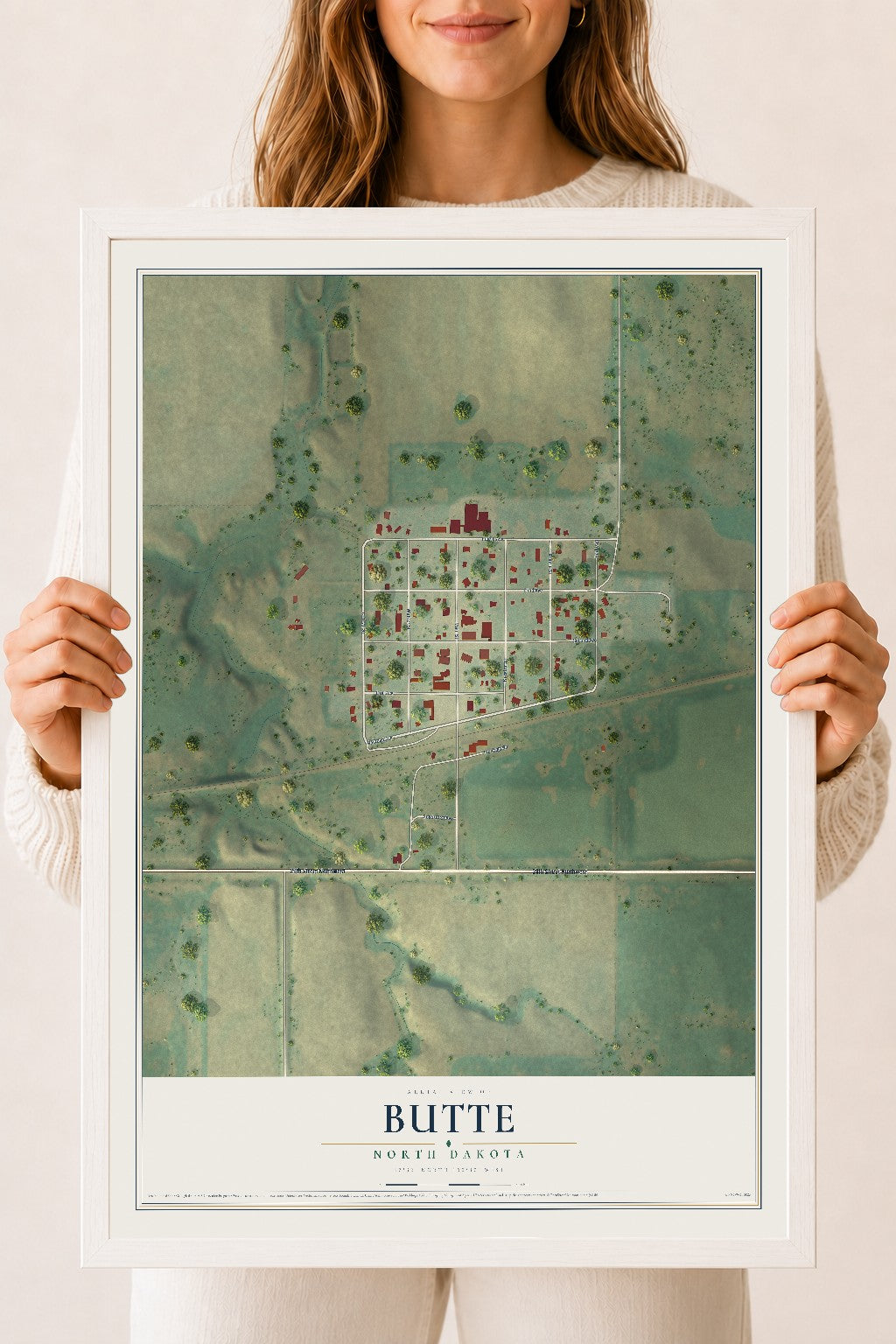 Map of Butte, North Dakota, 18 x 24 inch print in a white wood frame