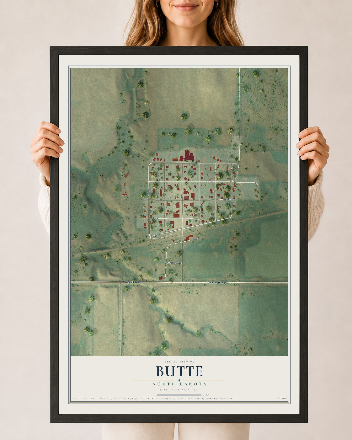 Map of Butte, North Dakota, 24 x 36 inch print in a black wood frame