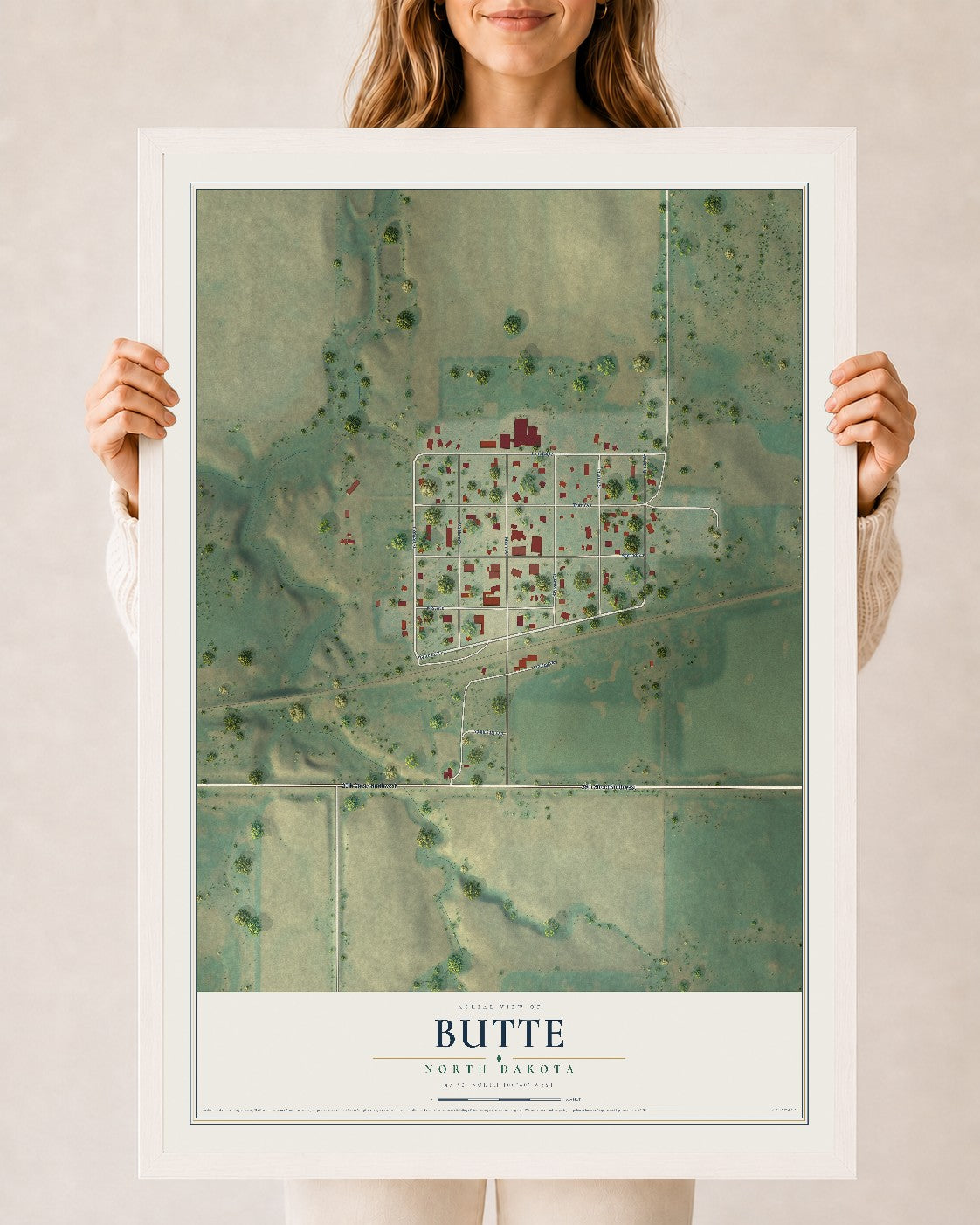Map of Butte, North Dakota, 24 x 36 inch print in a white wood frame