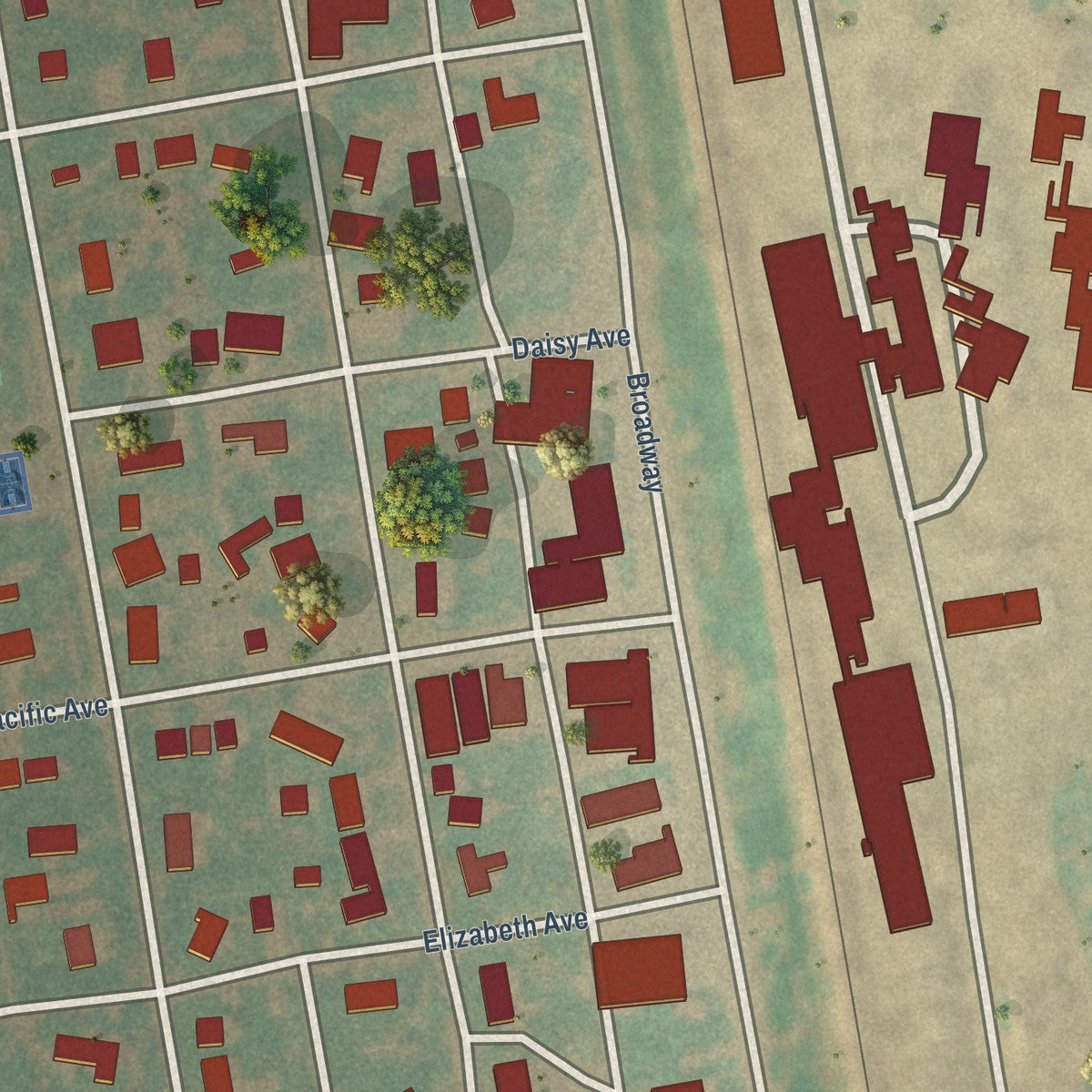 Close-up of the map of Buxton, North Dakota print showing street and building detail