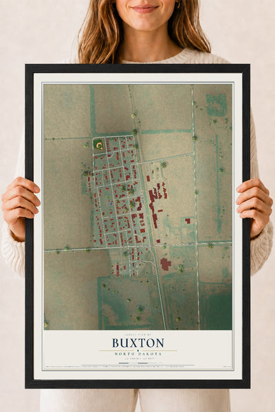 Map of Buxton, North Dakota, 18 x 24 inch print in a black wood frame