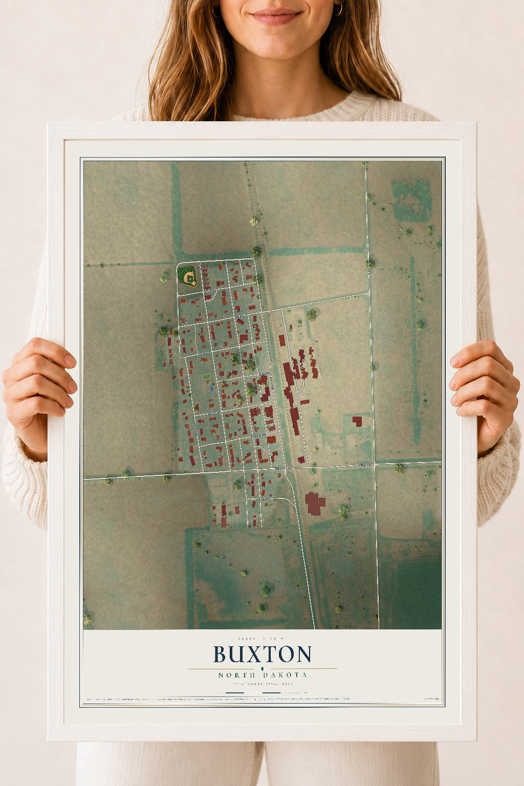 Map of Buxton, North Dakota, 18 x 24 inch print in a white wood frame