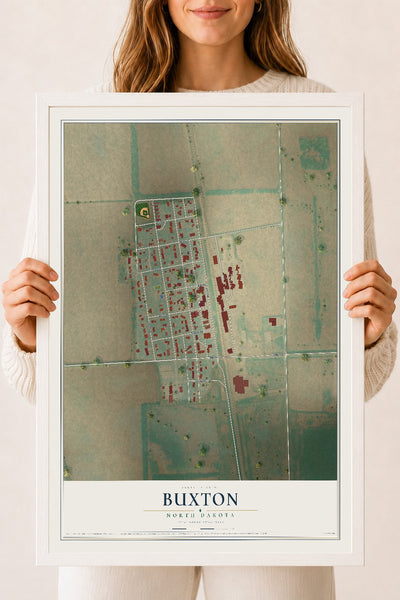 Map of Buxton, North Dakota, 18 x 24 inch print in a white wood frame