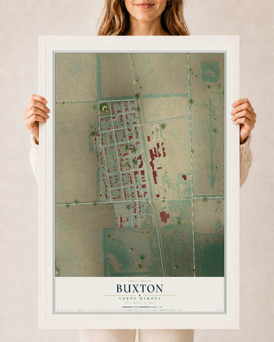 Map of Buxton, North Dakota, 24 x 36 inch print in a white wood frame