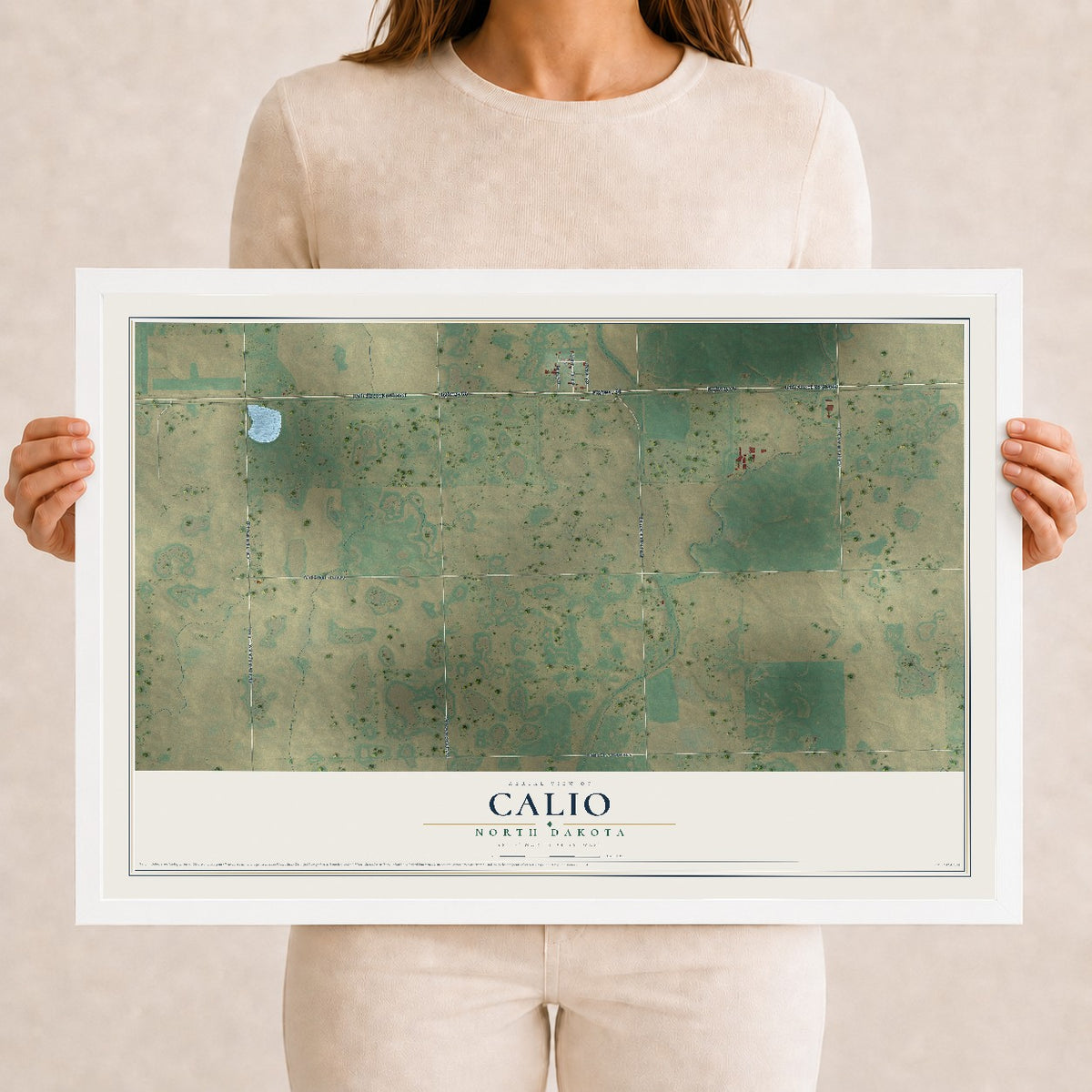 Map of Calio, North Dakota, 12 x 18 inch print in a white wood frame