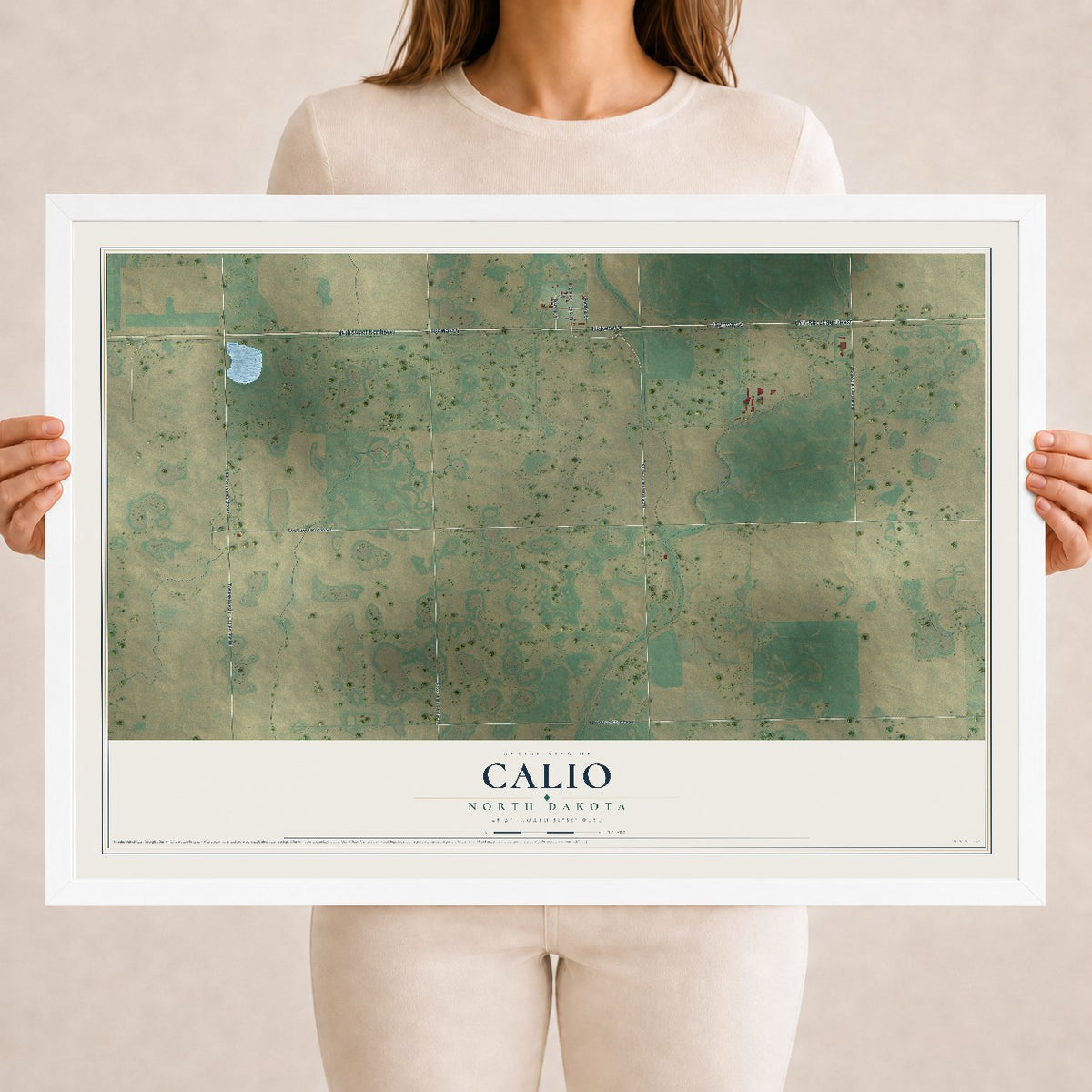 Map of Calio, North Dakota, 18 x 24 inch print in a white wood frame