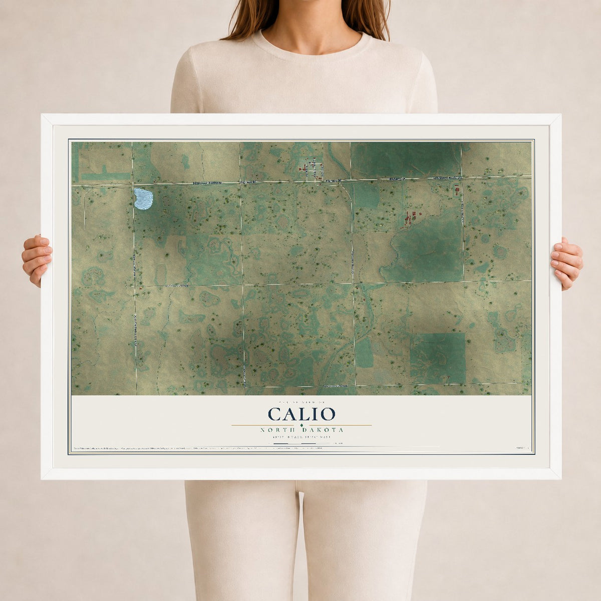 Map of Calio, North Dakota, 24 x 36 inch print in a white wood frame