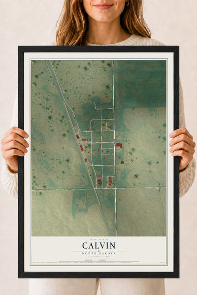 Map of Calvin, North Dakota, 18 x 24 inch print in a black wood frame