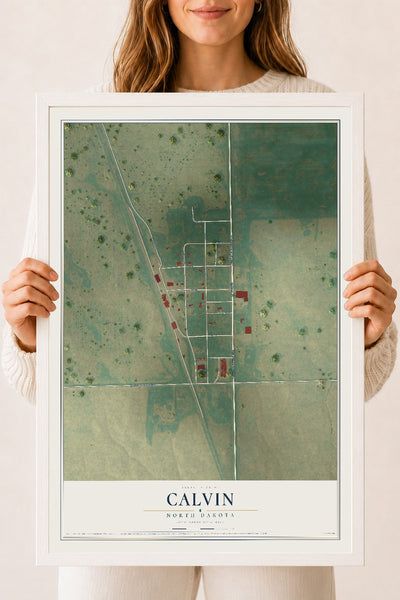 Map of Calvin, North Dakota, 18 x 24 inch print in a white wood frame