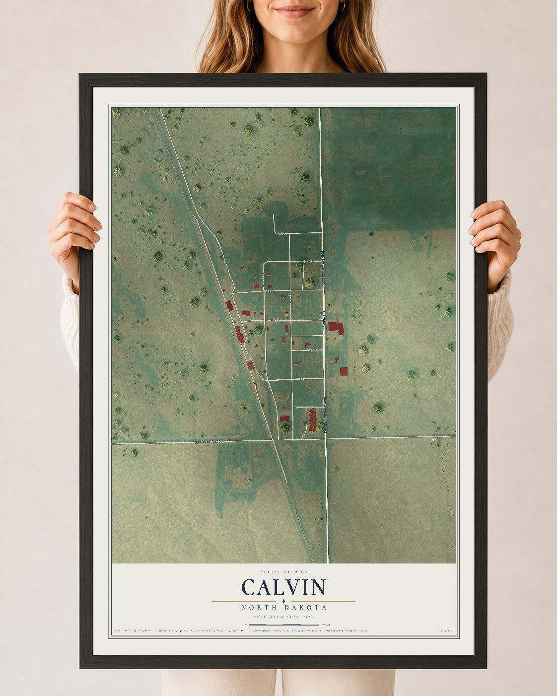 Map of Calvin, North Dakota, 24 x 36 inch print in a black wood frame