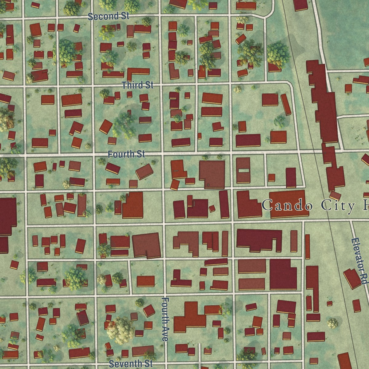 Close-up of the map of Cando, North Dakota print showing street and building detail