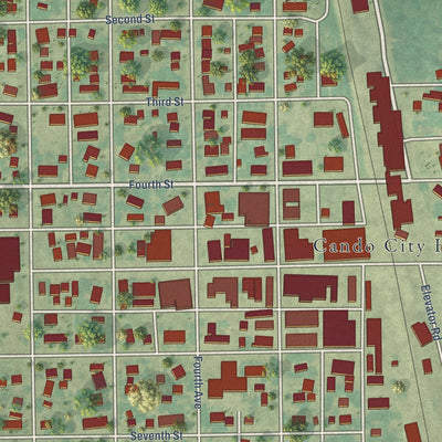 Close-up of the map of Cando, North Dakota print showing street and building detail