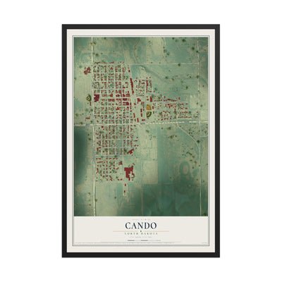 Map of Cando, North Dakota, 12 x 18 inch print in a black wood frame
