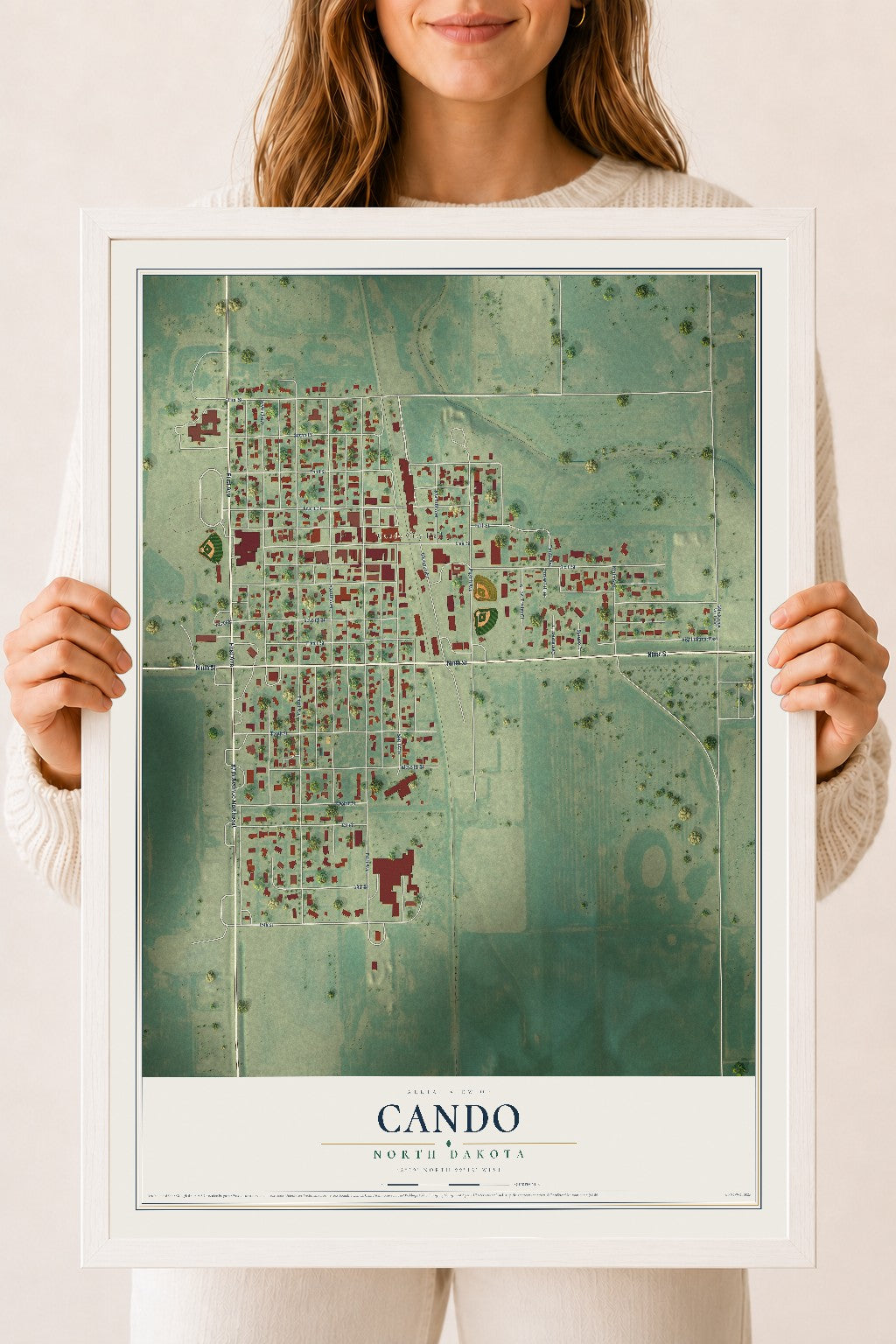 Map of Cando, North Dakota, 18 x 24 inch print in a white wood frame
