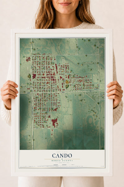 Map of Cando, North Dakota, 18 x 24 inch print in a white wood frame