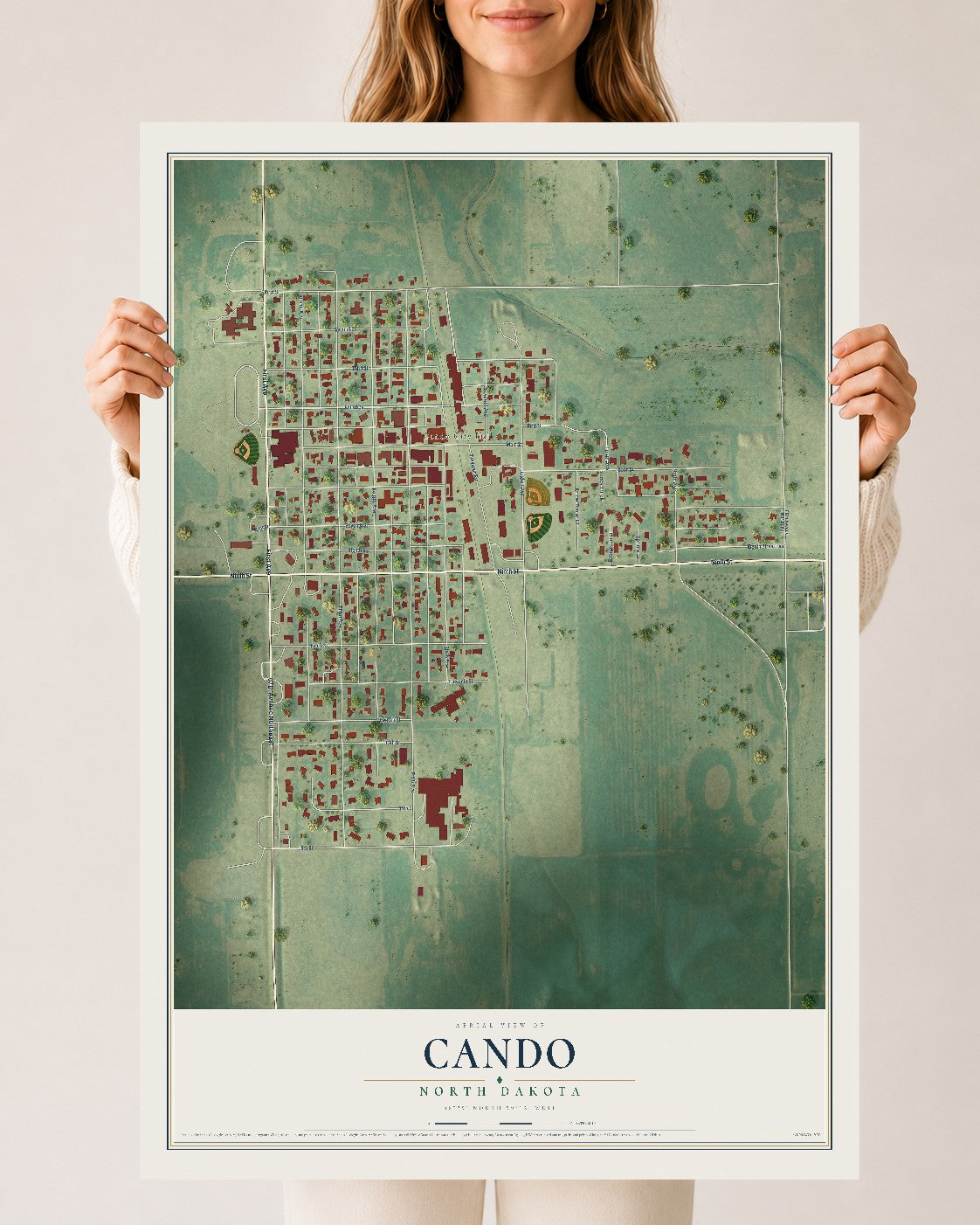 Map of Cando, North Dakota, 24 x 36 inch unframed archival matte print