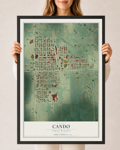 Map of Cando, North Dakota, 24 x 36 inch print in a black wood frame