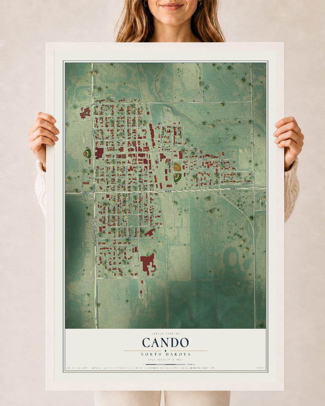 Map of Cando, North Dakota, 24 x 36 inch print in a white wood frame