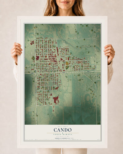 Map of Cando, North Dakota, 24 x 36 inch print in a white wood frame