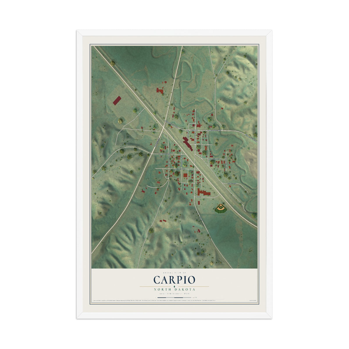 Map of Carpio, North Dakota, 12 x 18 inch print in a white wood frame