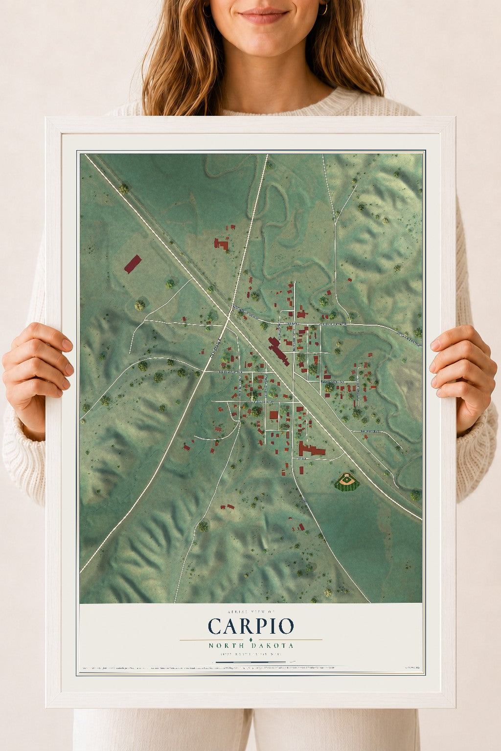 Map of Carpio, North Dakota, 18 x 24 inch print in a white wood frame