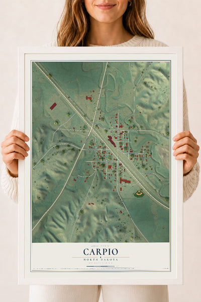 Map of Carpio, North Dakota, 18 x 24 inch print in a white wood frame