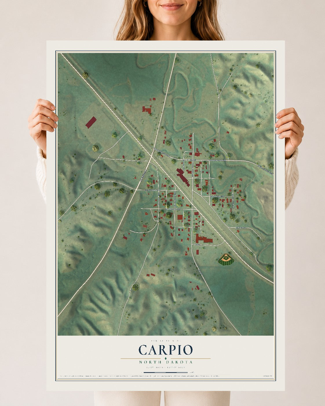 Map of Carpio, North Dakota, 24 x 36 inch unframed archival matte print