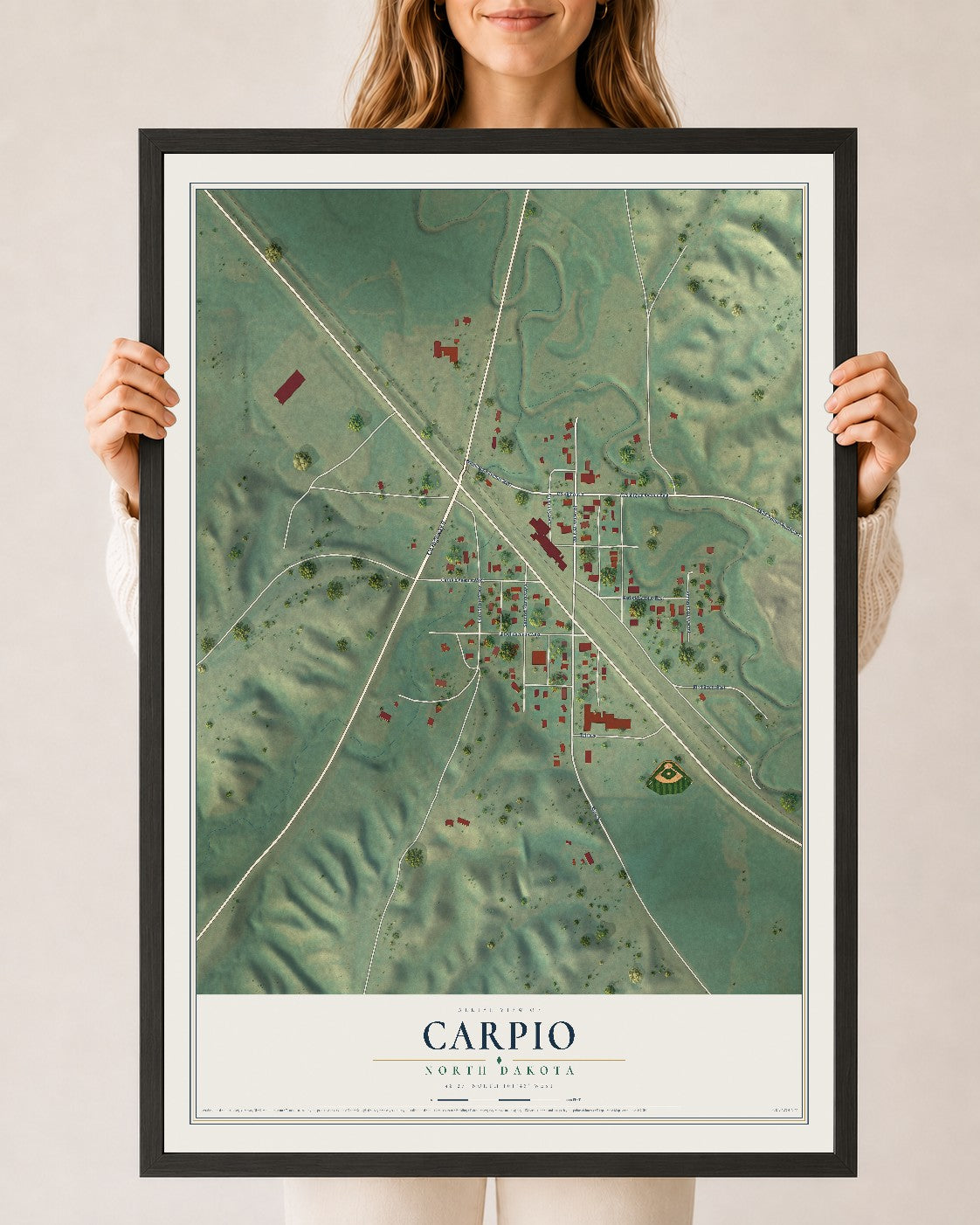 Map of Carpio, North Dakota, 24 x 36 inch print in a black wood frame
