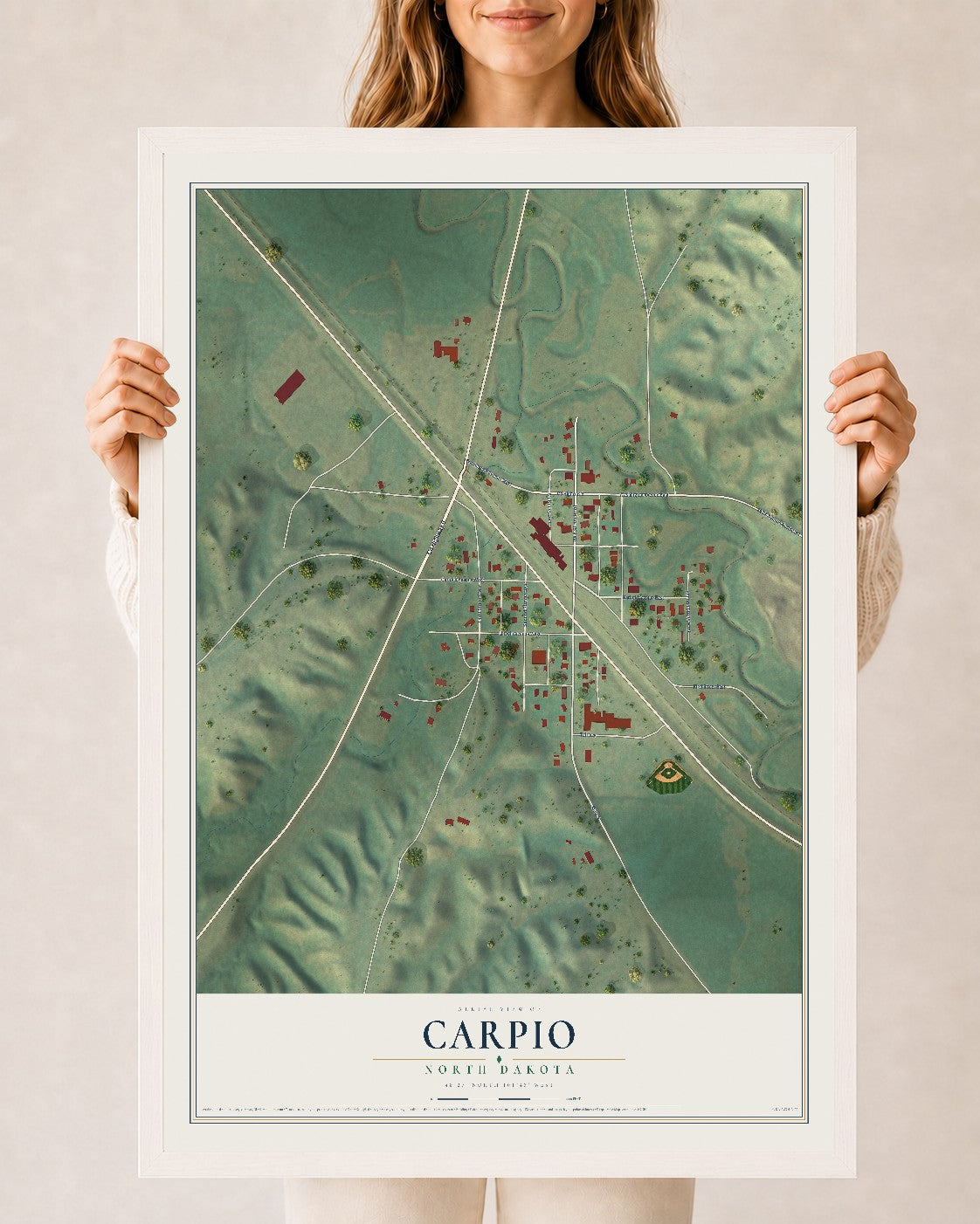 Map of Carpio, North Dakota, 24 x 36 inch print in a white wood frame