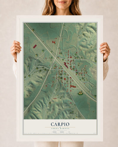 Map of Carpio, North Dakota, 24 x 36 inch print in a white wood frame