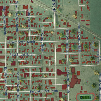 Close-up of the map of Carrington, North Dakota print showing street and building detail