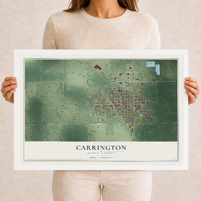 Map of Carrington, North Dakota, 12 x 18 inch print in a white wood frame