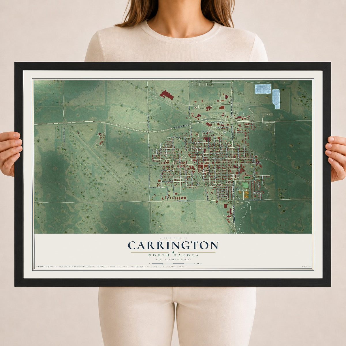 Map of Carrington, North Dakota, 18 x 24 inch print in a black wood frame