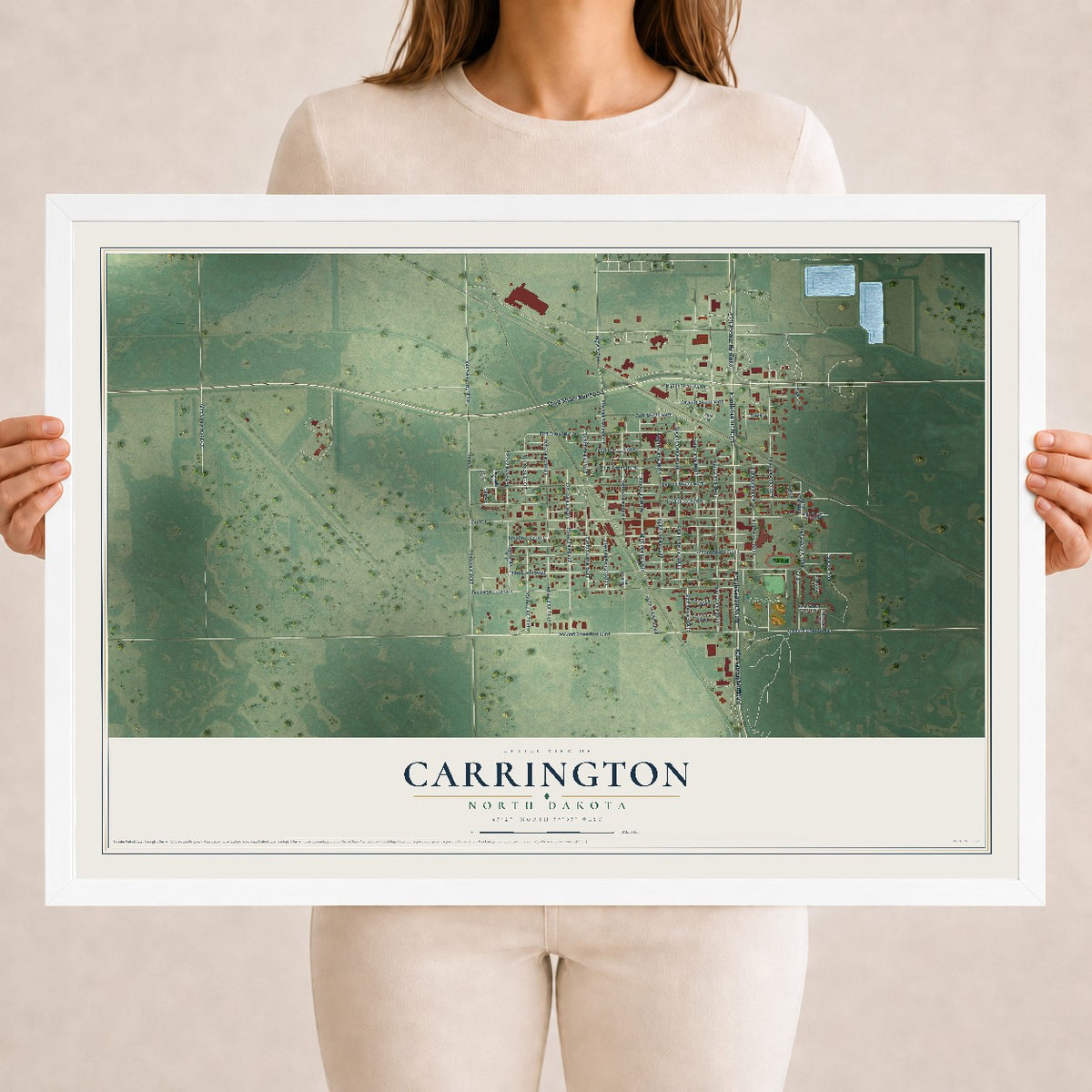Map of Carrington, North Dakota, 18 x 24 inch print in a white wood frame