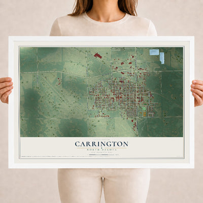 Map of Carrington, North Dakota, 18 x 24 inch print in a white wood frame