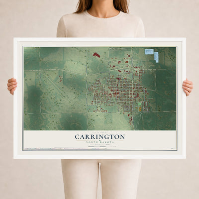 Map of Carrington, North Dakota, 24 x 36 inch print in a white wood frame
